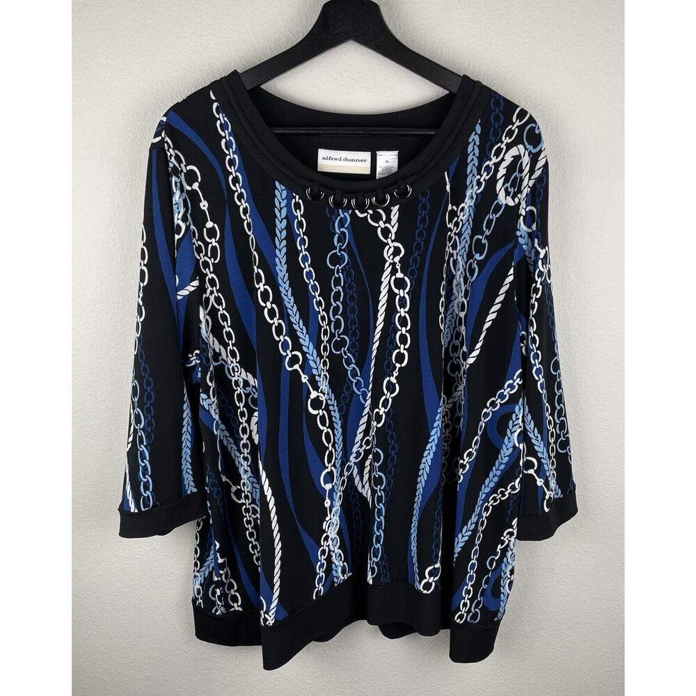 Alfred Dunner Top Womens Size 2X Blue 3/4 Sleeve Chain Print Artsy Career Flowy